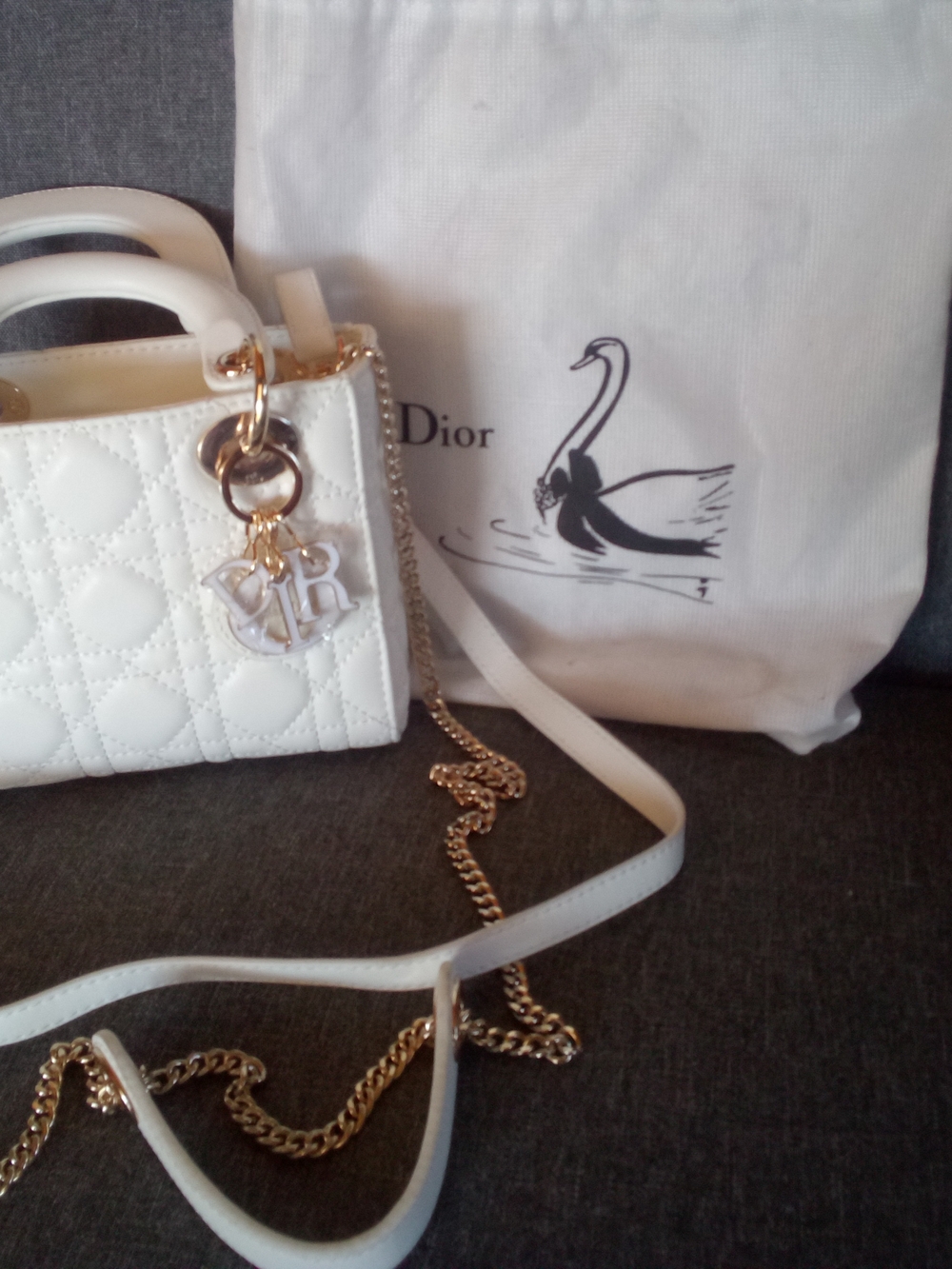 Dior White Quilted Lambskin with 2 Gold Chains and Charms